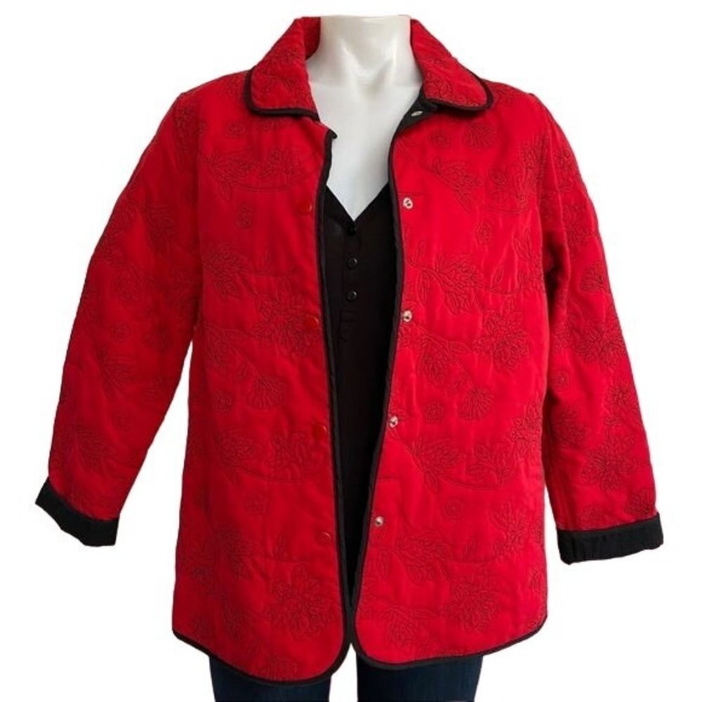 Vintage Analogy Embroidered Quilted Snap Button Down Coat Soft Shell Jacket Size